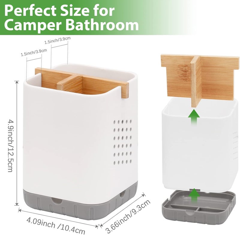 Boperzi Toothbrush and Toothpaste Holder with Bamboo Divider for Bathroom Countertop Organizer, Plastic Detachable Anti-Slip Large Electric Toothbrush Holders Storage Caddy Drainage for Family, Kids - Image 5